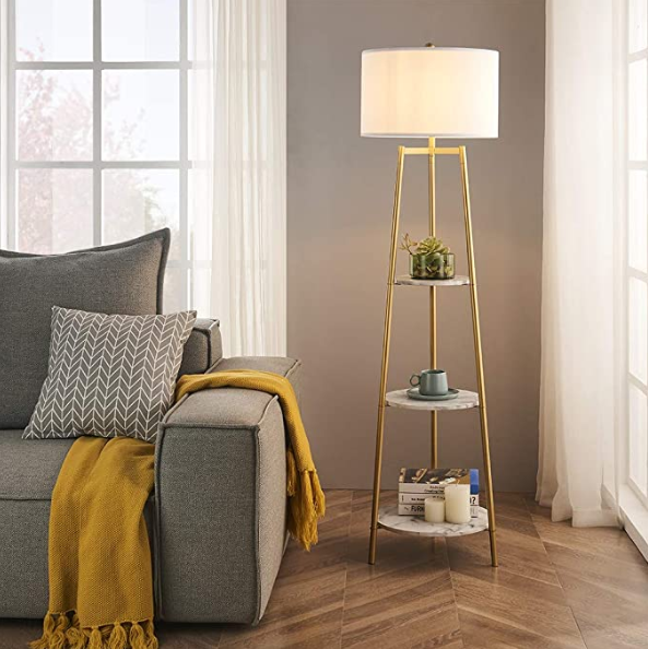 ROSEN GARDEN Floor Lamp, Standing Reading Light with Faux Marble Shelves and Fabric Shade, Modern Tall Pole Lamp, Accent