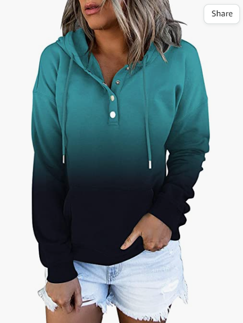 Women's Color Block Hoodies Tops Long Sleeve Casual Drawstring Button Down Pullover Sweatshirt with Pocket