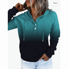 Women's Color Block Hoodies Tops Long Sleeve Casual Drawstring Button Down Pullover Sweatshirt with Pocket